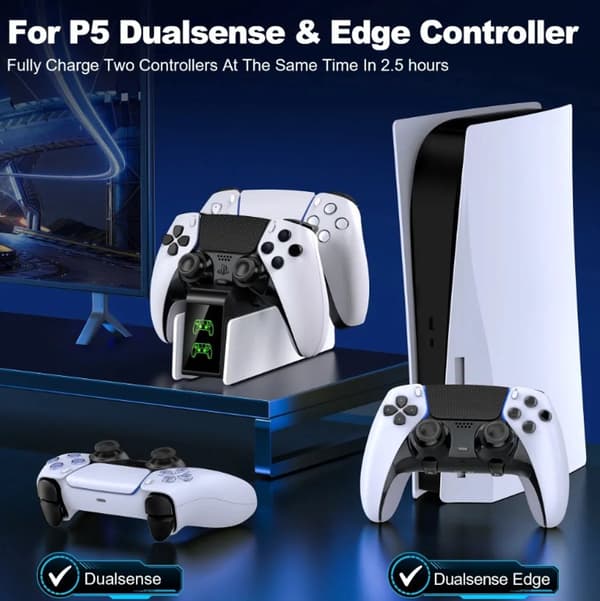 PS5 Controller Opladningsdock, Dobbelt Hurtigoplader med LED-indikator og Opbevaringsstander til Sony PlayStation 5, Hvid Sort