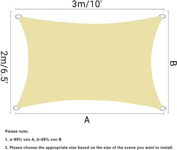 2 x 3m Rektangulært Solsejl, Vandtæt Polyester, UV-resistent, D-ringe i Rustfrit Stål, 4 Reb, Have Terrasse Pool, Beige