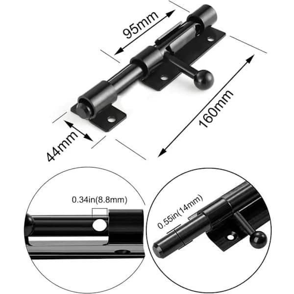 15 cm sort skydedørslås i rustfrit stål, 160 mm bolt lås