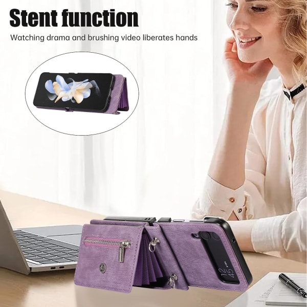 Ställbart telefonfodral för Samsung Galaxy Z Flip4 5G RFID-blockerande kortfack PU-läder + TPU-skal Lila