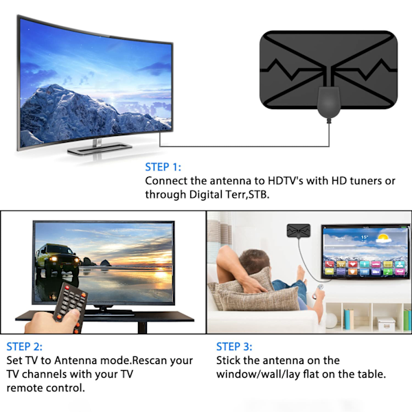 2024 Digital TV-antenne: HD innendørsstøtte 4K 1080p, 360° mottak, signalforsterker, 5 meter koaksialkabel