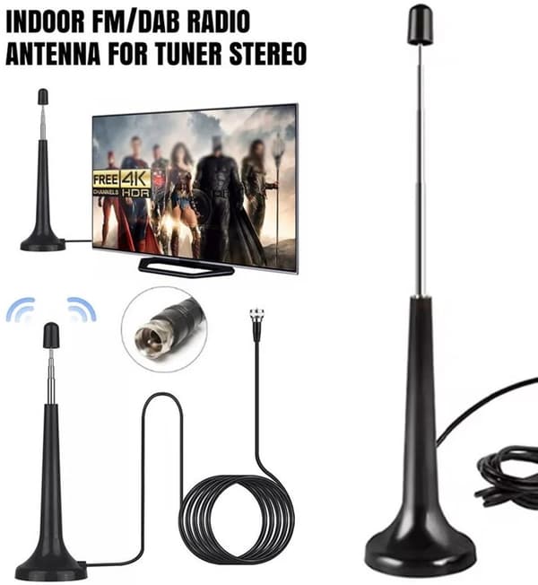 DAB FM-radioantenne med magnetisk base, 3 adaptere og 3 m forlængerkabel til indendørs HiFi-systemer, sort