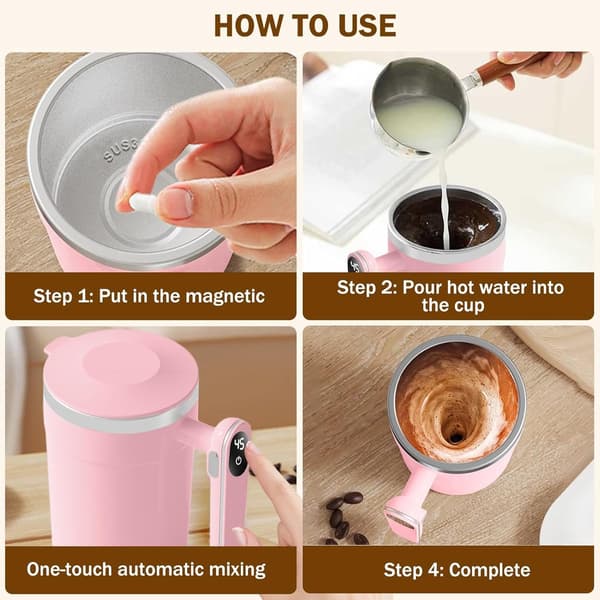 Selvrørende krus, 304 rustfrit stål, automatisk blanding, temperaturdisplay, lækagesikkert låg, til kaffe, te, shakes, pink 400 ml