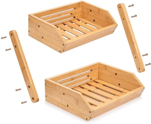 2-Tier Bamboo Fruit Basket Bread Basket Vegetable Storage Snack Stand for Kitchen and Office