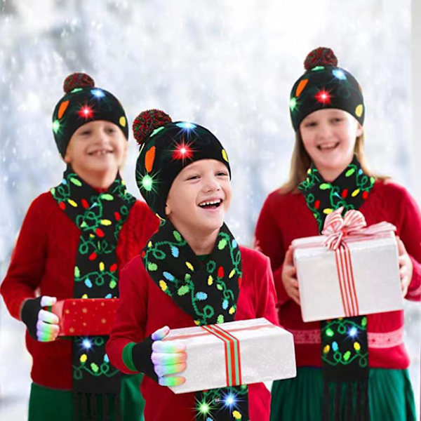 Hatt- och Halsduksset med LED-lampor, Julhatt, Snöflinga, Tomte, Klar, Julgran, Festlig Franshalsduk, Mössa Ed