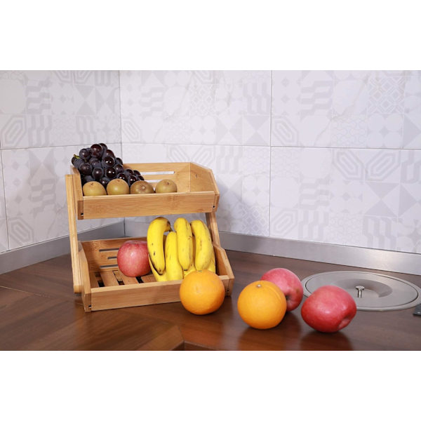 2-Tier Bamboo Fruit Basket Bread Basket Vegetable Storage Snack Stand for Kitchen and Office