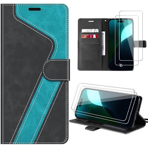 Etui + 2 stk hærdet glas til iPhone 16, kunstlæder folio-etui med støtte - Blå Transparent