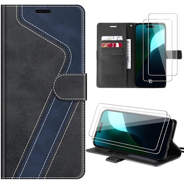 Etui + 2 hærdet glas til iPhone 16, PU-læder mønstret foldbar taske - Sort Blue iphone16