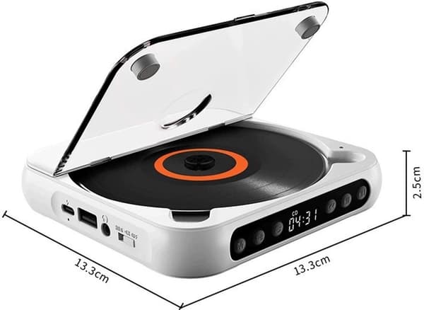 Bärbar CD-spelare med Bluetooth 5.1, LCD-skärm, USB, 2000mAh batteri, upp till 7 timmar, för resor och studier, vit