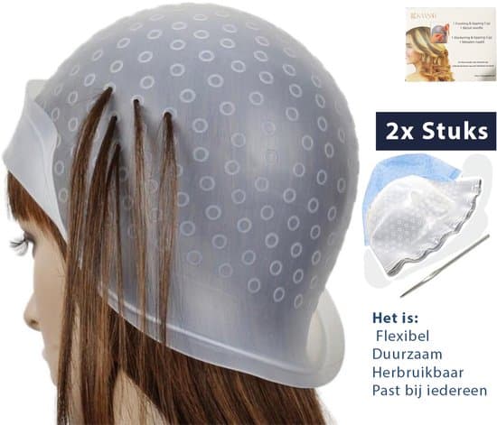 Highlightinghette 2-pakning med metallnål, gjenbrukbar silikon hårfargeblekehette for striper og lavlys, hvit