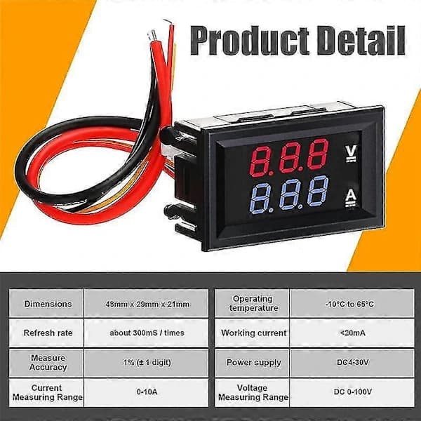 6 stk Digital Voltmeter Amperemeter DC 100V 10A Blå Rød LED Strøm Spenningsmåler Tester Dobbel Display P