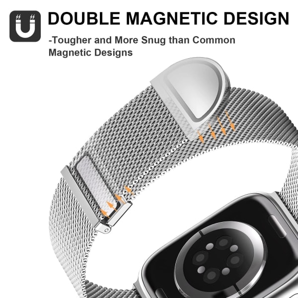Apple Watch-armbånd 49 mm – Dobbel magnetisk justerbar erstatningsrem – Sølv Glatt Rustfritt Stål Metall