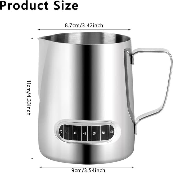 2-pak mælkeskummekander i rustfrit stål, 600 ml med indbyggede termometre, til latte art, til hjemmet og caféer, sølv