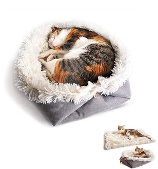 Sammenklappelig katteseng, fluffy bomuldspude, 2-i-1 seng og sovepose, til katte, hvalpe og små kæledyr, grå, 91 x 71 cm