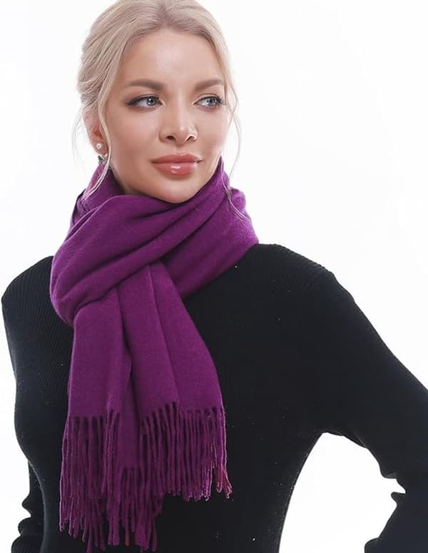 Vinterhalsduk för kvinnor, mjuk imitation av kashmirpolyester, lång bred fransad stola för höst och vinter, 70 x 200 cm, mörklila Violet