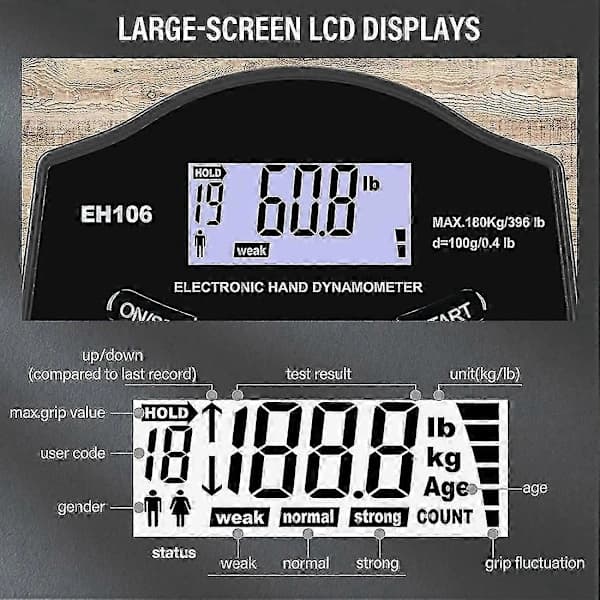 Grebstyrketester, 396Lbs/180Kg Digital Hånddynamometer Grebsstyrkemåler USB LCD-skærm Hånd