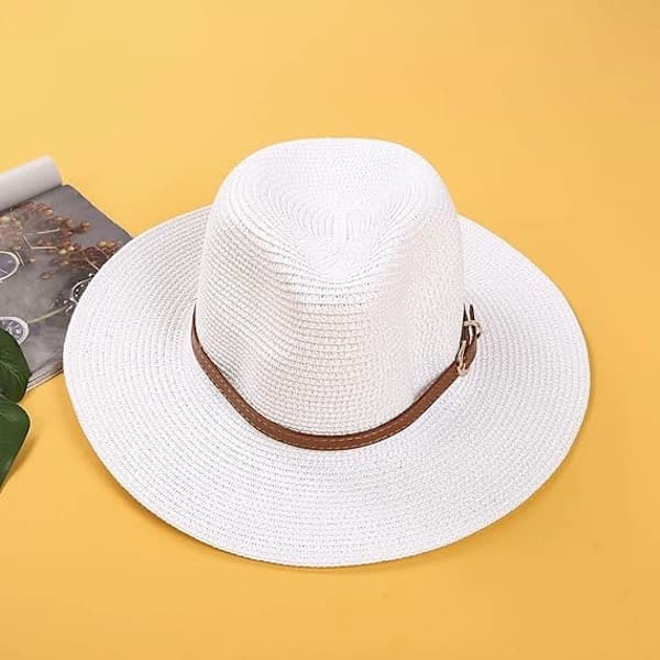 Herr Dam UPF50 Vikbar Sommar Stråhatt Bredbrättad Fedora Solhatt Strandhatt (Vit, One Size)[ca]