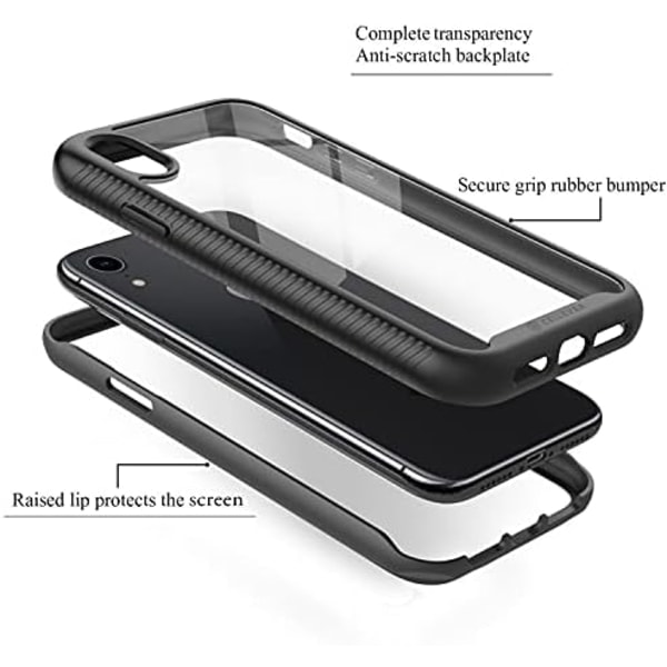 SQBB CellEver Kirkas suojakotelo iPhone XR:lle, vahva suojaus liukumattomalla TPU-puskurilla ja [2 karkaistua 9H lasista valmistettua näytönsuojaa] Sho Black