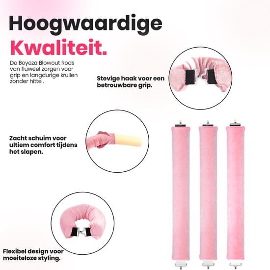 Sæt med varmefrie hårkrøllere med hårklemme og satin-hætte, bløde fløjls-krøllere til natten til mellemlangt til langt hår, lyserød