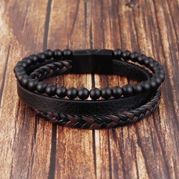 Natursten Vulkansten Læderarmbånd Rustfrit Stål Flettet Læder Multilag Armbånd Herre Titanstål Smykker
