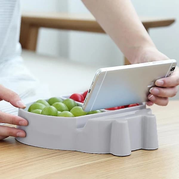 Snackbakke med telefonholder, 2-rums PP serveringsfad til slik, frugt, nødder, hjemmefest, grå