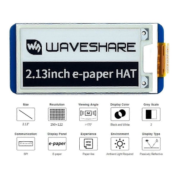 CASA 2,13 tuuman E-Ink -näyttö HAT, musta, valkoinen kaksivärinen 250X122 pikselin E-Paper -LCD Raspberry P:lle