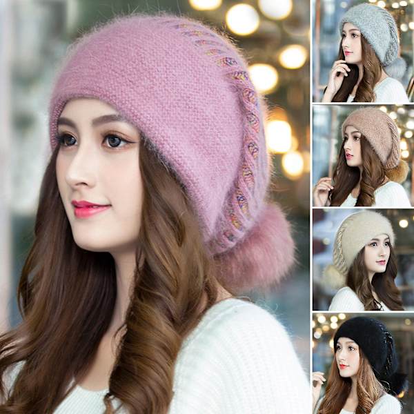 Stickad mössa Baggy Slouchy Bak Pompom Stretchig Dubbla lager Håller värmen Förtjockad Höst Vinter Dam Cap för utomhusbruk Beig Beige One Size