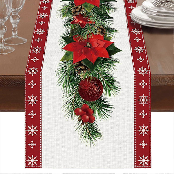 Akvarell Julestjerne Rød Julebordløper med Hvit Snøfnugg, Sesongbasert Vinter Julefest Dekorasjon Høytid 33 x 183 cm (LGL)