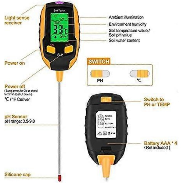 5-i-1 Jordtester Ph-måler, Digitalt Plantetermometer med Lysstyrke/Temperatur/Jordfugtighed/Jord Ph/Miljøfugtighed, Til LGL