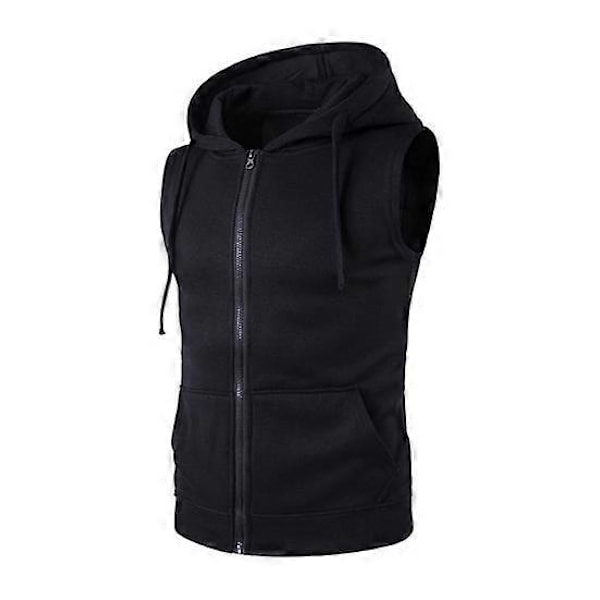 Herr Sommarväst Jacka Med Huva Dragsko Ärmlös Dragkedja Ficka Väst Kappa Enfärgad Fickor Dragkedja Midjecoat LGL black XL