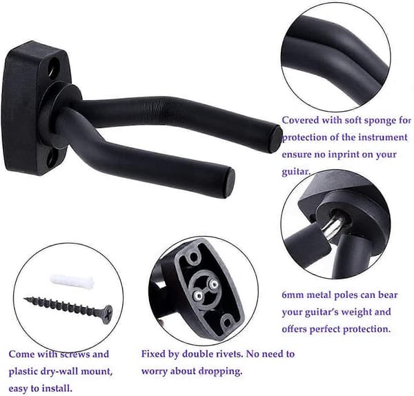 Gitarr Väggkrokar 2-pack, Gitarrkrok Väggfäste Fäste Svart Display med Skruvar - Lätt att Installera - Passar Gitarrer i Alla Storlekar (LGL)