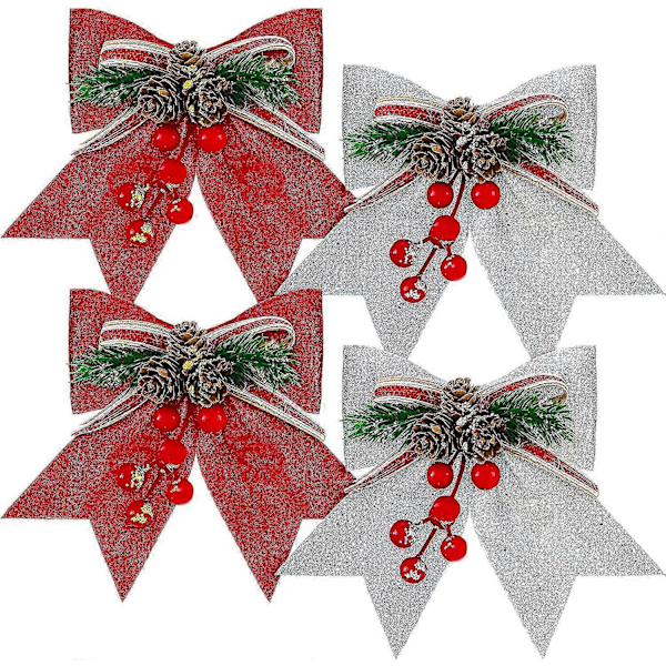 WJTG Rosetter, 4 Stycken, Rosettgirlang för Julgransspira, Julkrans (Röd Silver 7\" x 7\")J LGL