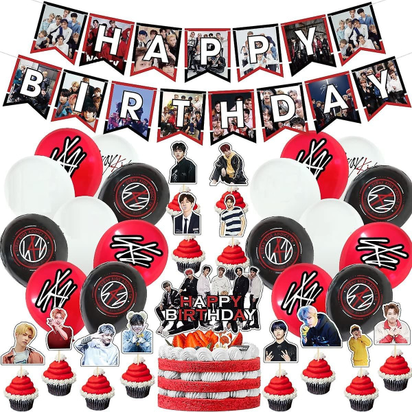 Stray-kids Birthday Party Supplies, Stray-kids Birthday Decorations Gift Set - Stray-kids Banner,18pcs Balloons,cake Toppers,21pcs Cupcake Toppers Per