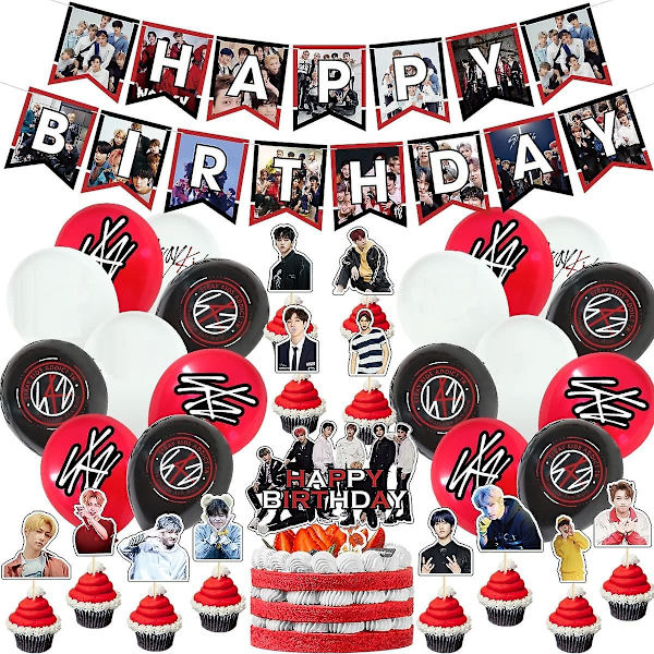 Stray-kids fødselsdagsfestartikler, Stray-kids fødselsdagsdekorationer gaveæske - Stray-kids banner, 18 stk. balloner, kagepynt, 21 stk. cupcake-pynt pr.