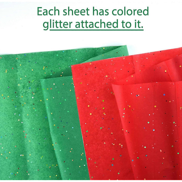 Glitter silkespapper för förpackning, 50x66 cm, grönt och rött silkespapper för julklappsinslagning, bukettförpackning, pysselpapper, 20 ark (LGL)