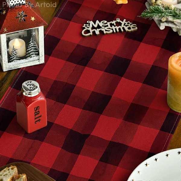 Rød og Sort Buffalo Plaid Glædelig Jul Juletræs Bordløber, Sæsonbestemte Lastbilgaver 13x72 Tommer-Rød / Sort (LGL)