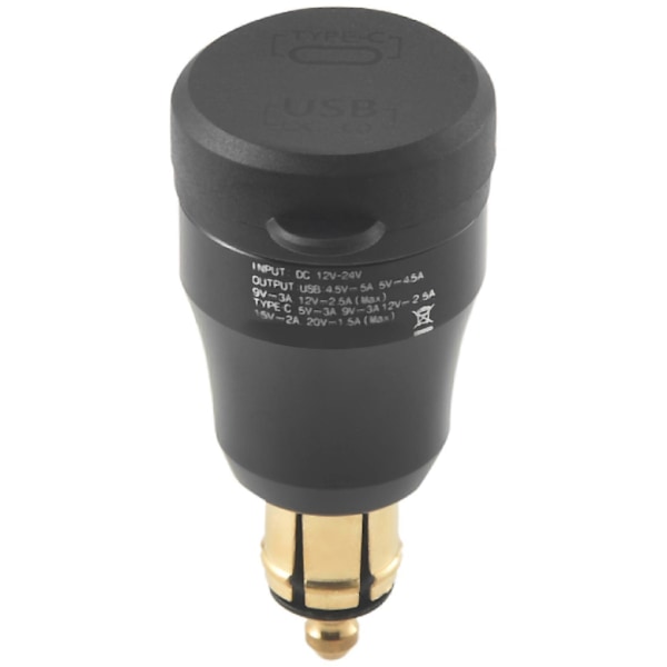 Motorsykkel Vanntett Hurtiglader med USB Type-C Port 12V/24V Qc3.0 Strømadapter Din Plugg Sokkel LGL Black