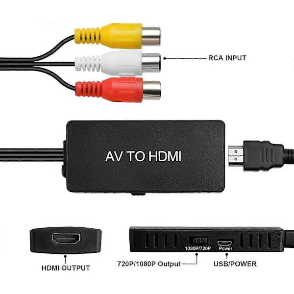 RCA till HDMI-omvandlare med HDMI-kabel, RCA till HDMI-adapter, AV till HDMI-omvandlare, 1080P AV LGL