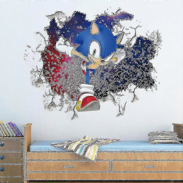 3D Sonic Väggdekaler Barnrum Graffiti Dekoration 3D Trasig Vägg Cartoon Spel Tapet (LGL)