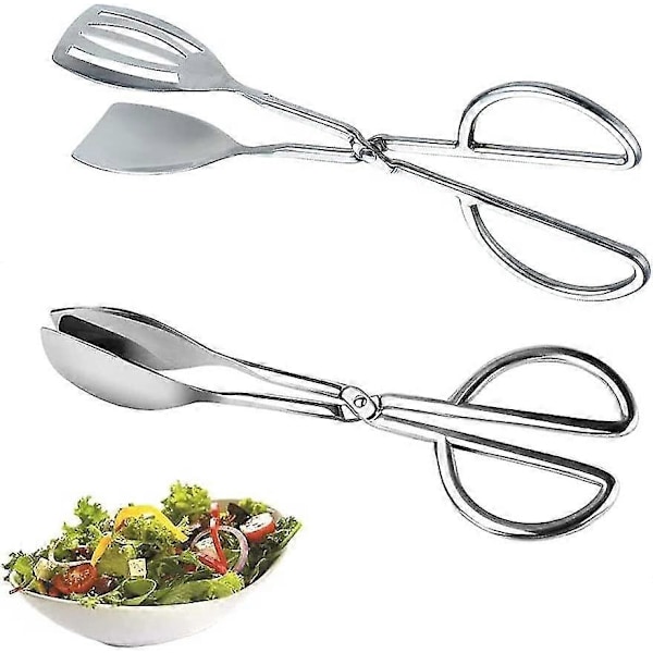 Køkkentænger i rustfrit stål, 2 stk. salattænger i rustfrit stål, salattænger, buffettænger, salatbuffettænger (sølv) LGL
