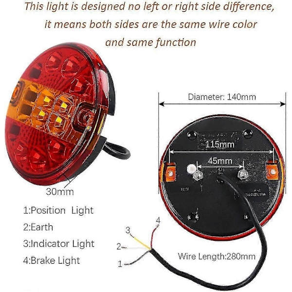2 kpl 12/24 V LED pyöreä valo perävaunun takavalo Hamburg valaistus asuntovaunu kuorma-autoon (punainen & keltainen, pyöreä) (LGL)