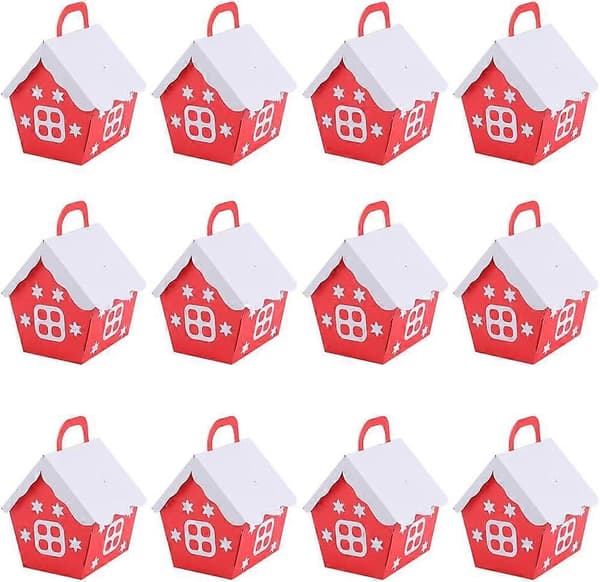 50 3D Husformade Julklappsaskar Små Röda Husformade Presentaskar med Handtag Julklappspapper Askar (LGL)