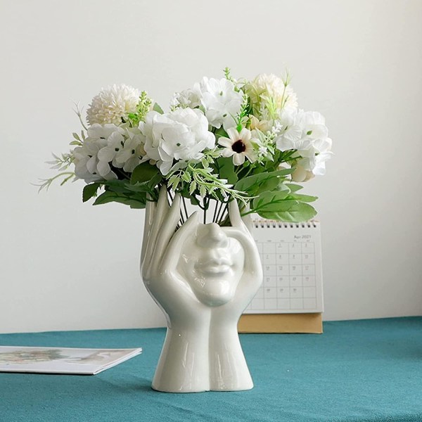 Hvid keramisk blomster vase moderne design menneskeligt ansigt blomster vase dekoration til hjemmet kontor bryllupsfest 18cm [LGL]