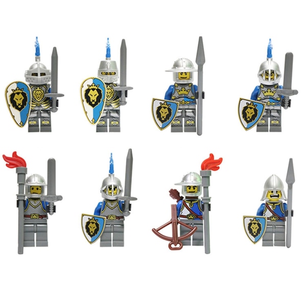 8 st Medeltida Blå Lejonriddare Soldat Minifigurer DIY Byggklossar Leksaker Samlarobjekt Riddare Båge