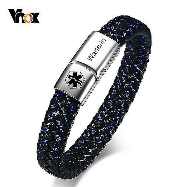 Medicinskt ID-armband för män, flätat läderarmband med spänne, Diabetes COPD Alzheimer, personliga smycken - Excellent LGL Warfarin 19.5cm