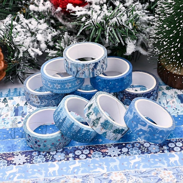 10 Rullar Jul Washi Tejp Set, Dekorativ Washi Tejp med Flera Mönster i Blått för DIY Hantverk, Festivalpresentinslagning (LGL)