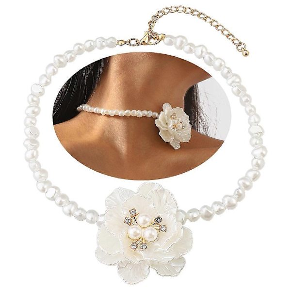 Camellia Blomst Halskæde Simpel Imitation Perle Choker Kraveben Kæde Halskæde (LGL)