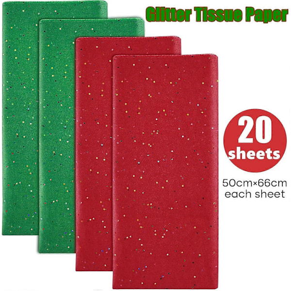 Glitter silkespapper för förpackning, 50x66 cm, grönt och rött silkespapper för julklappsinslagning, bukettförpackning, pysselpapper, 20 ark (LGL)