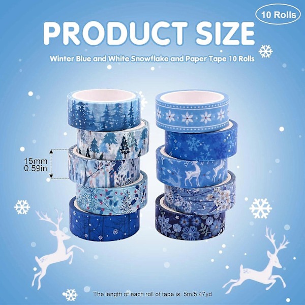 10 Rullar Jul Washi Tejp Set, Dekorativ Washi Tejp med Flera Mönster i Blått för DIY Hantverk, Festivalpresentinslagning (LGL)