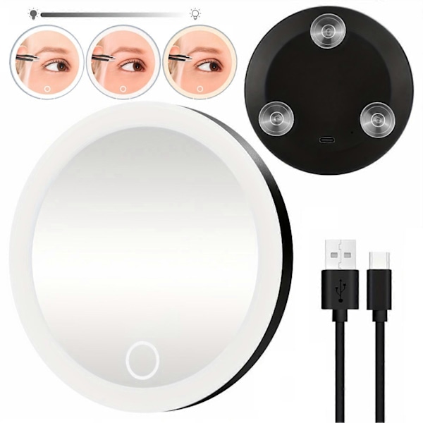 10/20/30X Förstorings Spegel med 3-Färgad LED-Ljus Sugkopp Dimbar USB Laddningsbar Bärbar Resa Handhållen Män Kvinnor Makeup Vanity Mi  (LGL) Black 30X